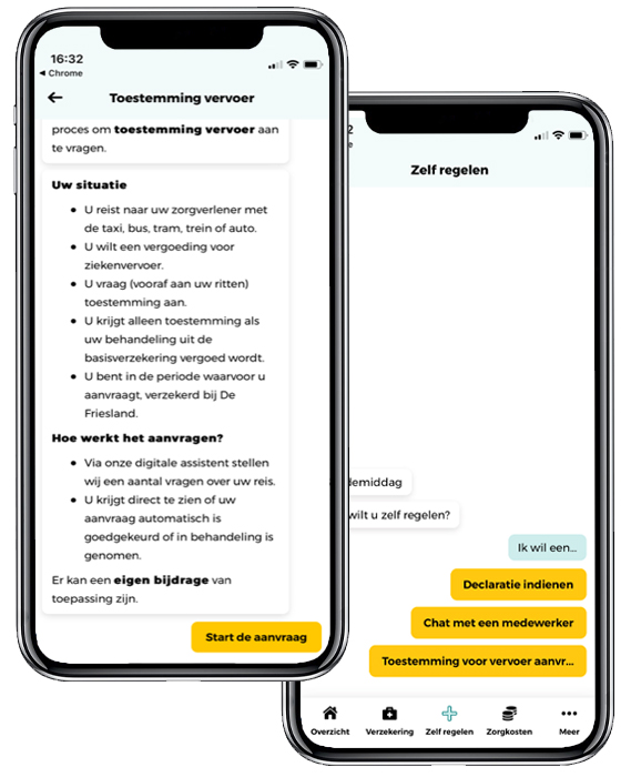 Scherm van De Friesland App met informatie over toestemming vervoer. En toestemming vervoer aanvragen.